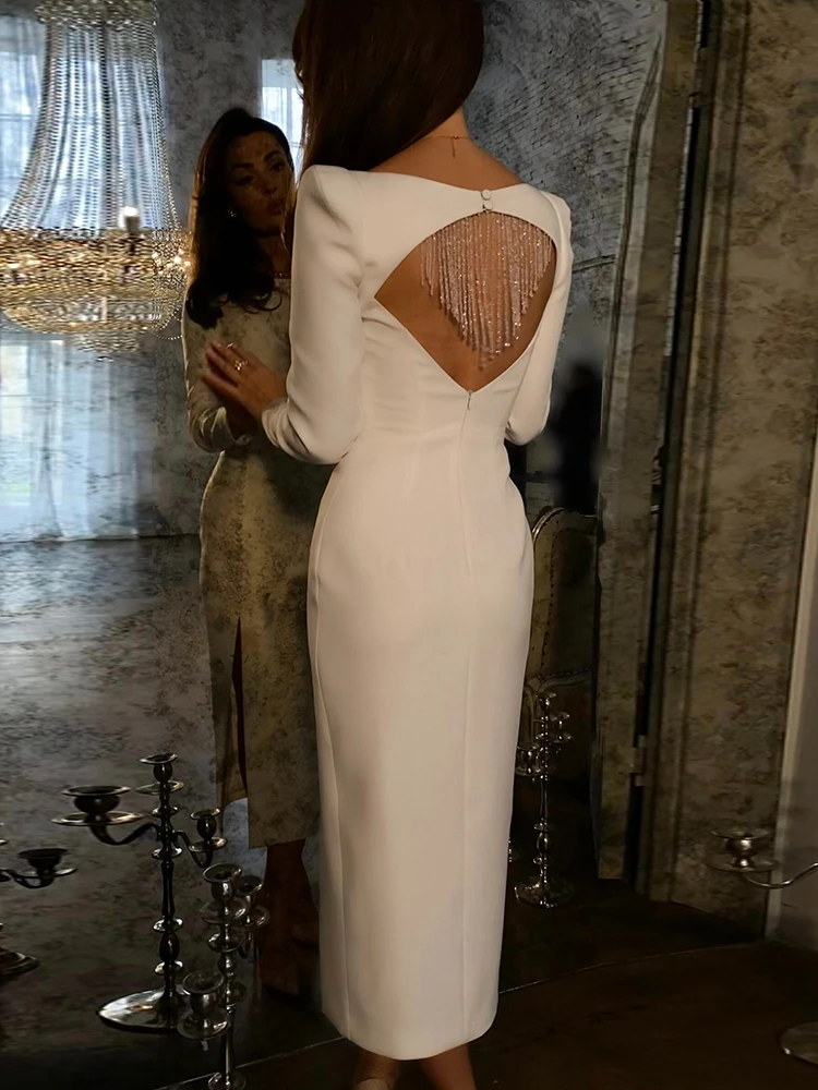 BEVENCCEL 2023 Summer Women White Sexy Shiny Open Back Diamond Tassel Long Bandage Dress Long Sleeve Bodycon Club Evening Dress
BEVENCCEL 2023 Summer Women White Sexy Shiny Open Back Diamond Tassel Long Bandage Dress Long Sleeve Bodycon Club Evening Dress