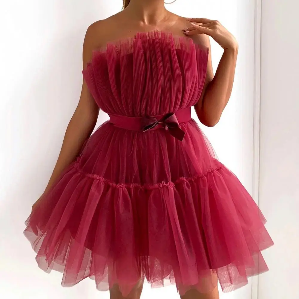 

Fashion Women's Mini Dress Solid Color Tube Skirt Bow-knot Off Shoulder Net Yarn Bandeau Party Dress Women Clothing Y2k