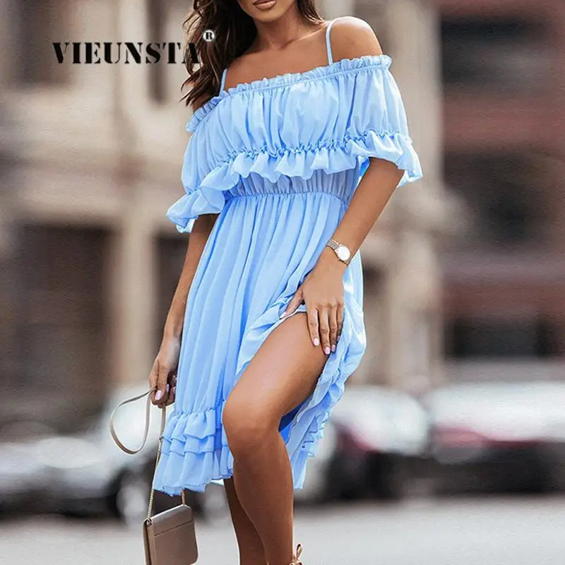 Fashion Spaghetti Strap Off Shoulder Waist Light Blue Dress Design Pleated Ruffles Women Party Dress Summer Sexy New Style Dress
Fashion Spaghetti Strap Off Shoulder Waist Light Blue Dress Design Pleated Ruffles Women Party Dress Summer Sexy New Style Dress