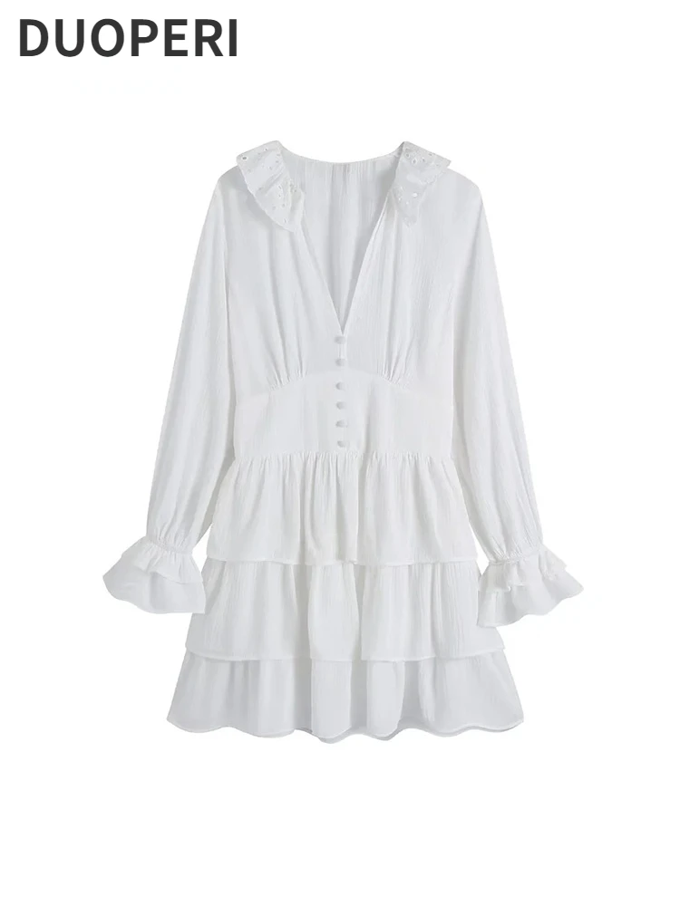 DUOPERI Women Fashion Solid Ruffled Embroidery Mini Dress Vintage Long Sleeves V-Neck Front Button Female Chic Lady Dresses
DUOPERI Women Fashion Solid Ruffled Embroidery Mini Dress Vintage Long Sleeves V-Neck Front Button Female Chic Lady Dresses