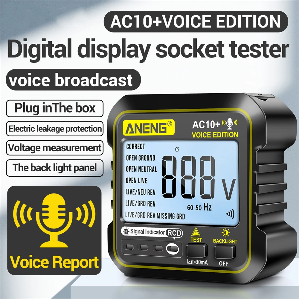 AC10+ Socket Tester LCD Multi-function Voltage Detector Voice Broadcast Zero Line Plug Polarity Phase Check Phase Detecter
AC10+ Socket Tester LCD Multi-function Voltage Detector Voice Broadcast Zero Line Plug Polarity Phase Check Phase Detecter