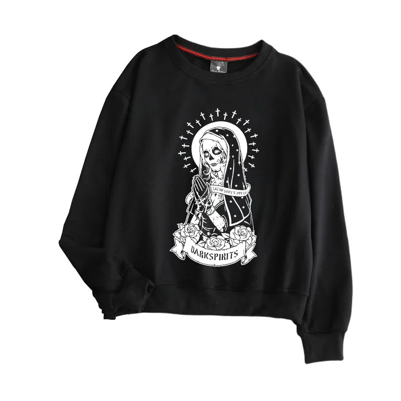 

Women's Sweatshirt y2k Hoodies Autumn Spring Harajuku Creative Virgin Mary Skeleton Print Crewneck Pullover Kawaii Woman Clothes