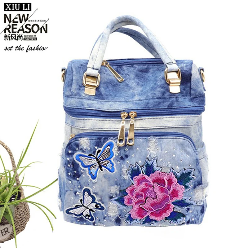 brand women backpack Cowboy backpack For Girl Embroidery Flower Design Women Backpack for Female bag 
brand women backpack Cowboy backpack For Girl Embroidery Flower Design Women Backpack for Female bag