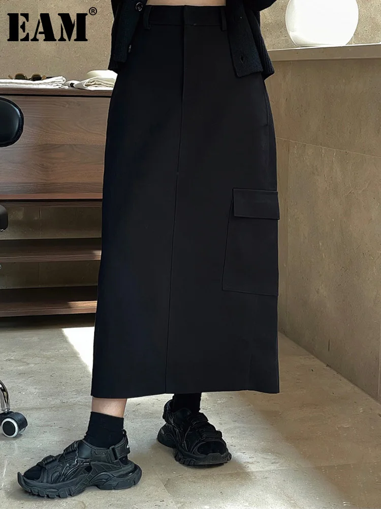 

[EAM] High Waist Black Pockets Back Slit Split Spliced Casual Half-body Skirt Women Fashion Tide New Spring Autumn 2023 1DF4501