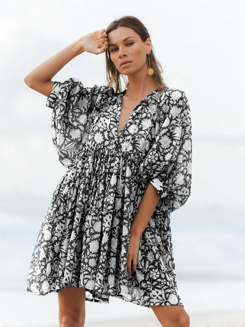 Summer Women Loose Dresses Elegant Floral Bubble Sleeve Women's Print Dress with V-neck Casual Bohemian New Oversize Short Dress
Summer Women Loose Dresses Elegant Floral Bubble Sleeve Women's Print Dress with V-neck Casual Bohemian New Oversize Short Dress
