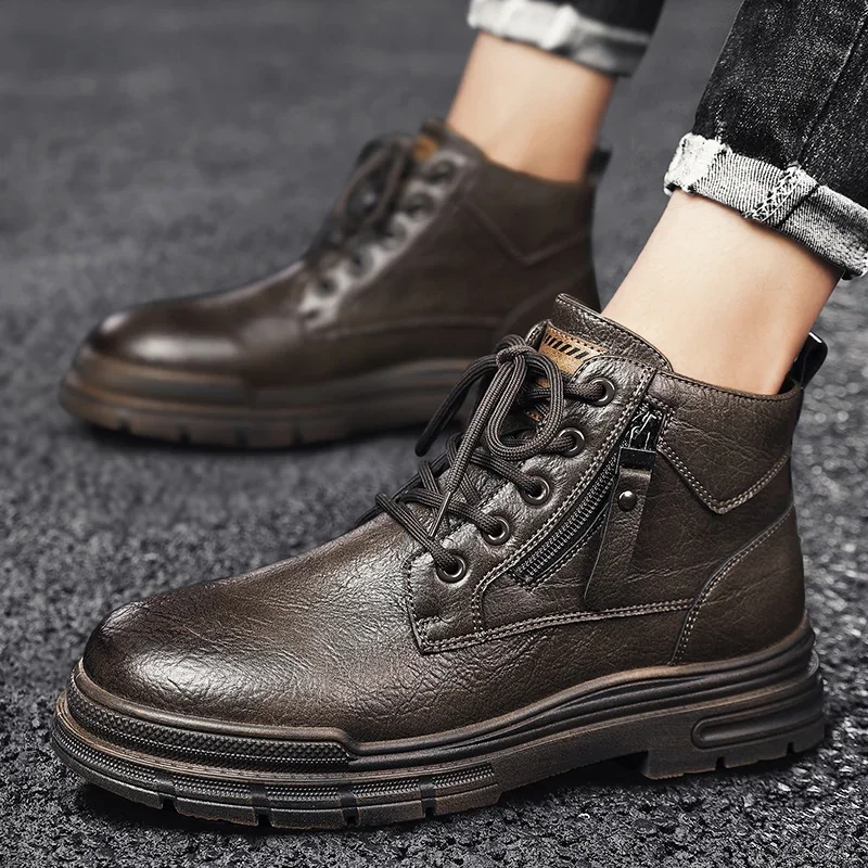 

Мужские ботинки, Повседневная зимняя мужская обувь, кожаные уличные кроссовки на высокой платформе, полуботинки Челси, ковбойские тактические ботинки