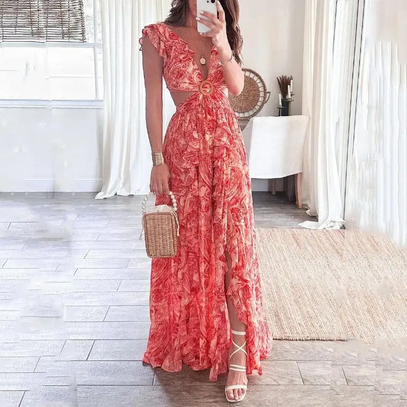 Summer Casual Sleeveless Ruffle Split Long Dresses Women Printed Beach Maxi Dress Fashion Sexy Deep V Neck Cut Off Party Dress
Summer Casual Sleeveless Ruffle Split Long Dresses Women Printed Beach Maxi Dress Fashion Sexy Deep V Neck Cut Off Party Dress