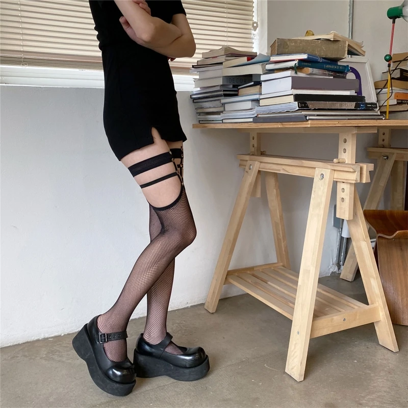 L21E Women Sexy See Through Fishnet Thigh High Stockings with Metal Studs Garter Belt Thigh Ring Top Punk Erotic Sheer Mesh Over 
L21E Women Sexy See Through Fishnet Thigh High Stockings with Metal Studs Garter Belt Thigh Ring Top Punk Erotic Sheer Mesh Over