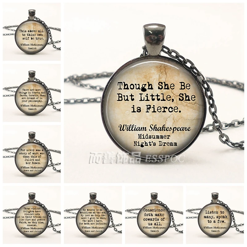 

Though She Be But Little She Is Fierce , Shakespeare Inspirational Quote Necklace Glass Cabochon Pendant Literary Jewelry Gift