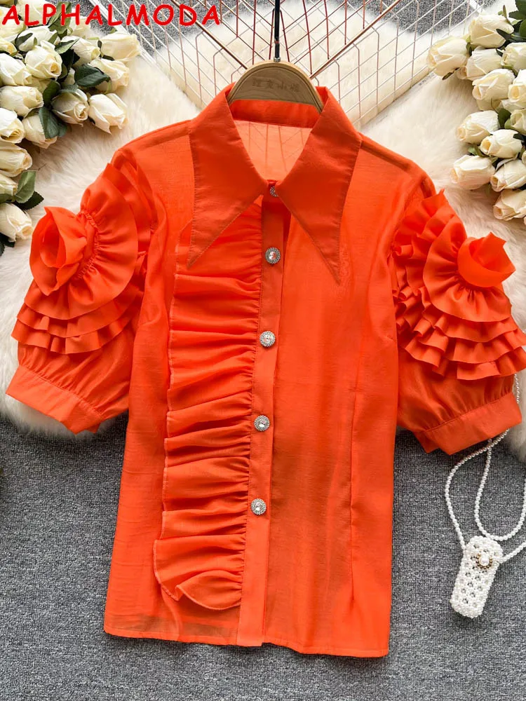 ALPHALMODA New 3D Flower Sleeve Ruffled Trim Pearl Buttons Women Transculent Chiffon Shirt Ladies Trendy Summer Blouse Top
ALPHALMODA New 3D Flower Sleeve Ruffled Trim Pearl Buttons Women Transculent Chiffon Shirt Ladies Trendy Summer Blouse Top