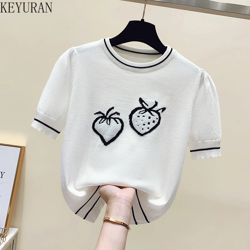 2022 Spring Summer Short-sleeved Knitwear Women's Sweater Thin Puff Sleeves O-neck Strawberry Jacquard Knitted Tops Jumpers
2022 Spring Summer Short-sleeved Knitwear Women's Sweater Thin Puff Sleeves O-neck Strawberry Jacquard Knitted Tops Jumpers