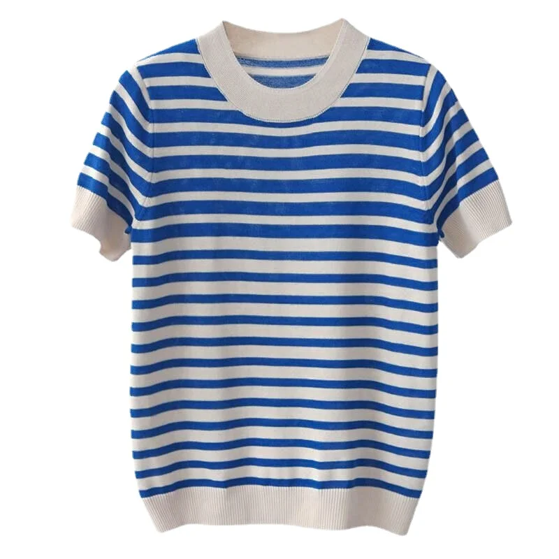 Blue Color Thin Knitted T Shirt Stripe Round Neck Summer Woman Slim Short Sleeve Tees Tops Striped Casual Tees
Blue Color Thin Knitted T Shirt Stripe Round Neck Summer Woman Slim Short Sleeve Tees Tops Striped Casual Tees