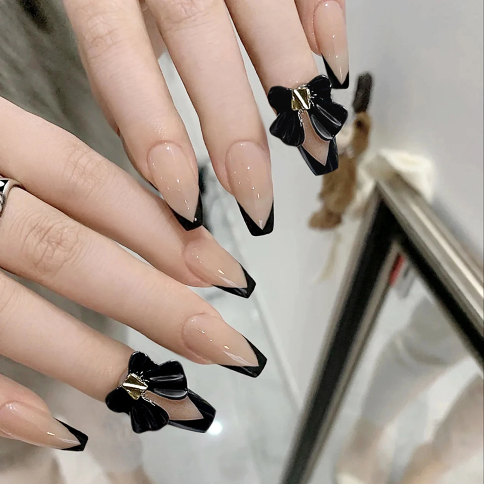 24 шт./коркор. женские модные искусственные ногти накладные черные французские