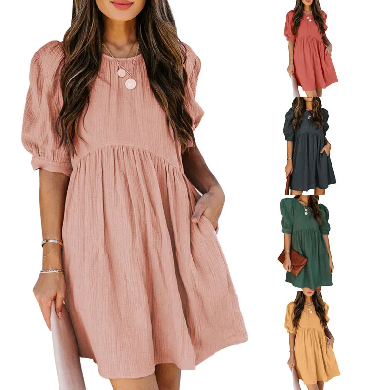 2022 Women Spring Summer Short-Sleeved Mini Dress New Loose Puff Sleeves Breasted Solid Color Dress Fashion Casual
2022 Women Spring Summer Short-Sleeved Mini Dress New Loose Puff Sleeves Breasted Solid Color Dress Fashion Casual
