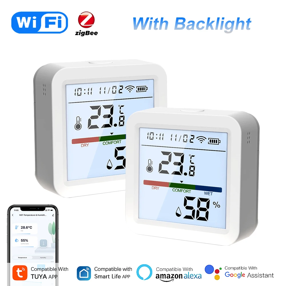 Tuya Smart Temperature And Humidity Sensor WiFi/Zigbee With Backlight Indoor Hygrometer Voice Control Via Alexa Google Home
Tuya Smart Temperature And Humidity Sensor WiFi/Zigbee With Backlight Indoor Hygrometer Voice Control Via Alexa Google Home