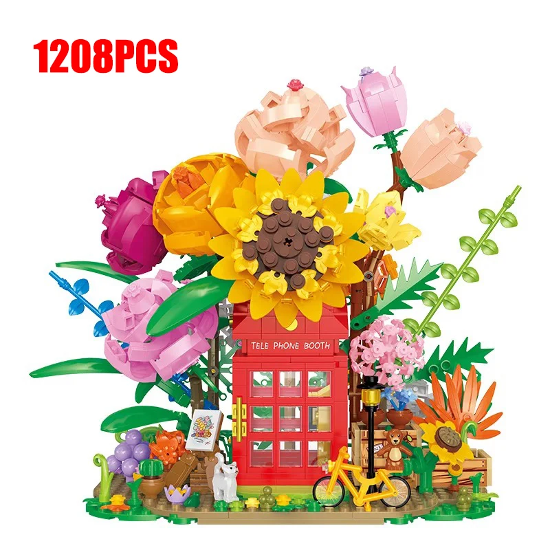 

Букет цветов, мини-строительный блок Moc, романтические кирпичи с розами, модель телефонной будки, украшение для дома, игрушка для девушки, ребенка