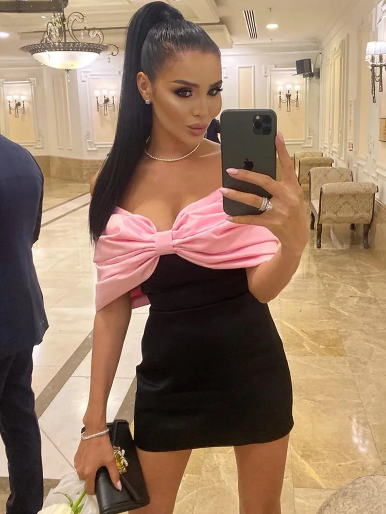 Women Spring Sexy Short Sleeve Off Shoulder Bow Tie Black Pink White Mini Satin Dress 2022 Elegant Evening Club Party Dress
Women Spring Sexy Short Sleeve Off Shoulder Bow Tie Black Pink White Mini Satin Dress 2022 Elegant Evening Club Party Dress