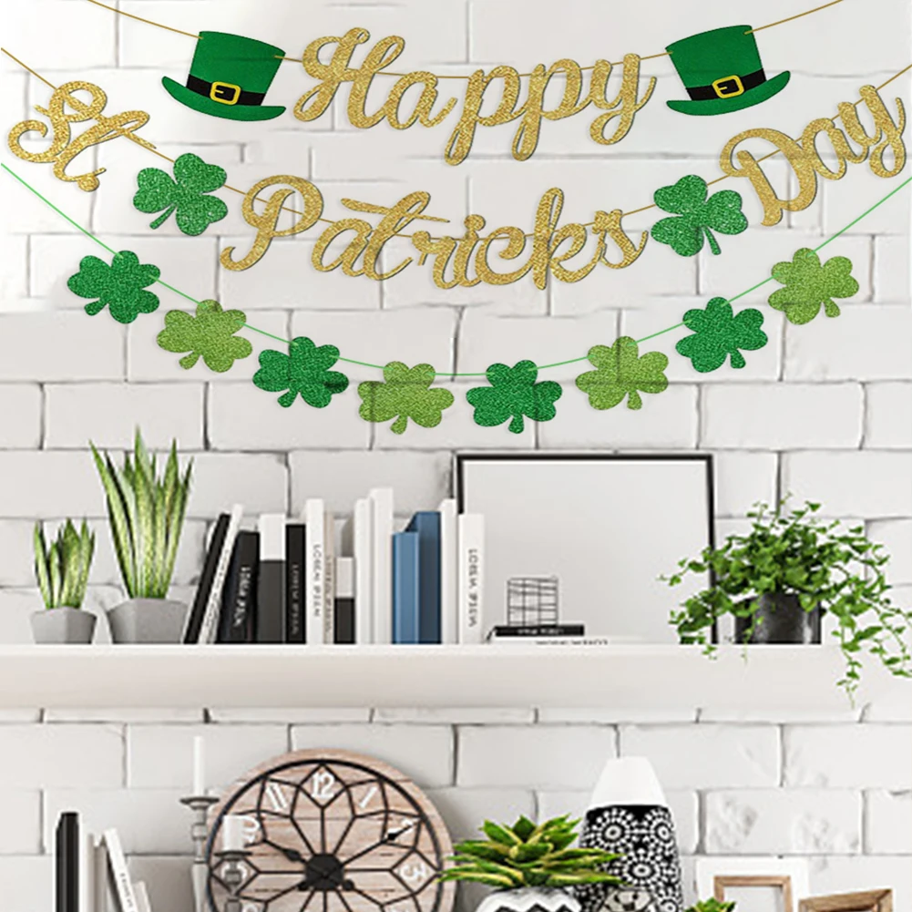 

Happy St. Patrick’s Day Banner Gold Glitter And St Patricks Day Garland Saint Patricks Day Shamrock Clover Garland Decorations