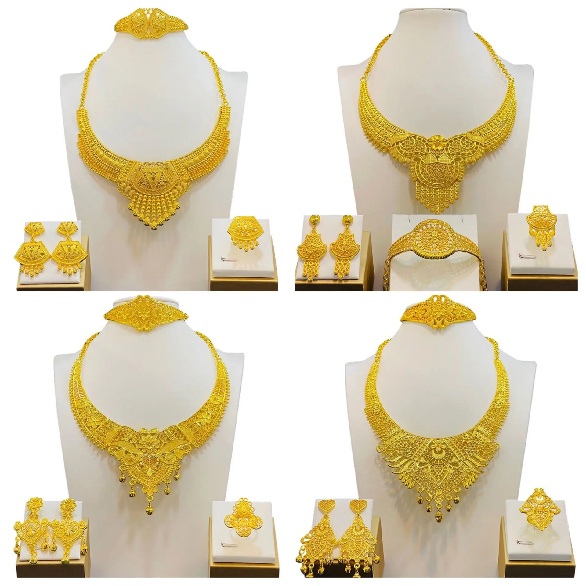

New 24K Gold Bride Wedding Jewelry Set For Woman Vietnam India Africa Thailand Dubai Banquet Necklace Earring Ring Bracelet