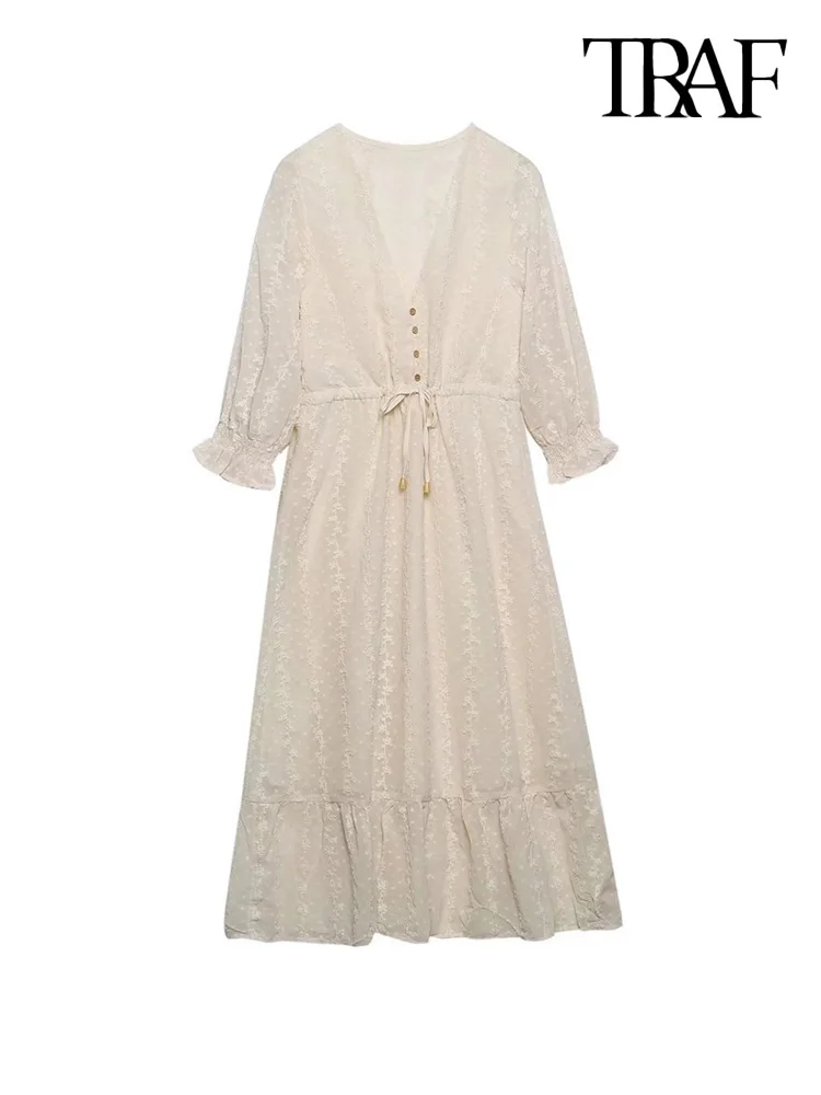 TRAF Women Fashion With Tie Embroidery Semi-Sheer Midi Dress Vintage Three Quarter Sleeve Front Buttons Female Dresses Mujer
TRAF Women Fashion With Tie Embroidery Semi-Sheer Midi Dress Vintage Three Quarter Sleeve Front Buttons Female Dresses Mujer