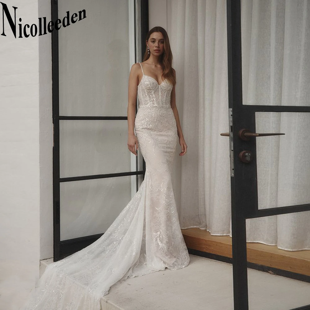 Nicolle Trumpet V-Neck Spaghetti Straps Wedding Dresses For Bride Backless Court Train Tulle Appliques Sleeveless Custom Made
Nicolle Trumpet V-Neck Spaghetti Straps Wedding Dresses For Bride Backless Court Train Tulle Appliques Sleeveless Custom Made