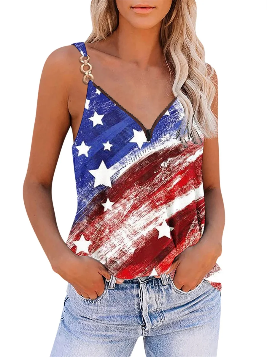 

Women 4th of July Patriotic Top USA Flag Sleeveless Zipper V-Neck Tank Cami Tops Independence Day Vest Blouse A-blue White
