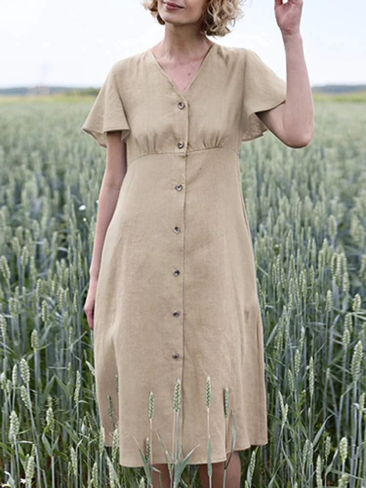 New Summer Women Fashion Single Breasted Solid Dress Casual Short Sleeve Ruffles V-Neck Dress Simple Loose Office Ladies Dresses
New Summer Women Fashion Single Breasted Solid Dress Casual Short Sleeve Ruffles V-Neck Dress Simple Loose Office Ladies Dresses