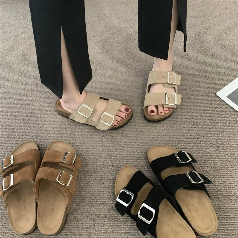 Шлепанцы Birkenstock женские из нубука, модные пробковые тапки, повседневные пляжные Нескользящие, с двойной пряжкой, лето 
Шлепанцы Birkenstock женские из нубука, модные пробковые тапки, повседневные пляжные Нескользящие, с двойной пряжкой, лето