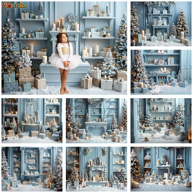 Фон для фотосъемки с надписью "Merry Christmas" голубой подарок подставка шкафа
