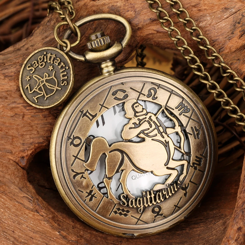 

Sagittarius Hollow Case Pocket Watch Retro Bronze Constellation Quartz Pendant Clock with Tag Arabic Numerals Dial Pocket Watch