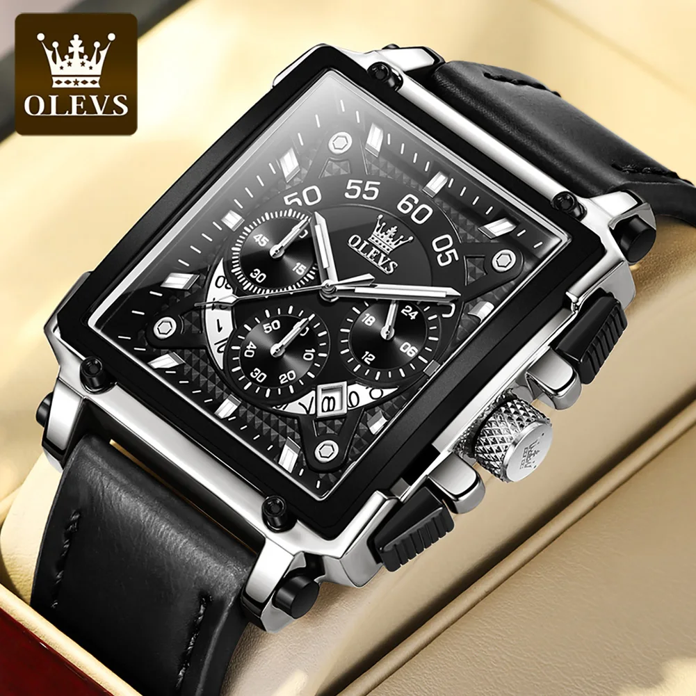

Мужские наручные часы OLEVS с черным кожаным ремешком, водонепроницаемые светящиеся аналоговые кварцевые модные деловые спортивные часы для мужчин 9919