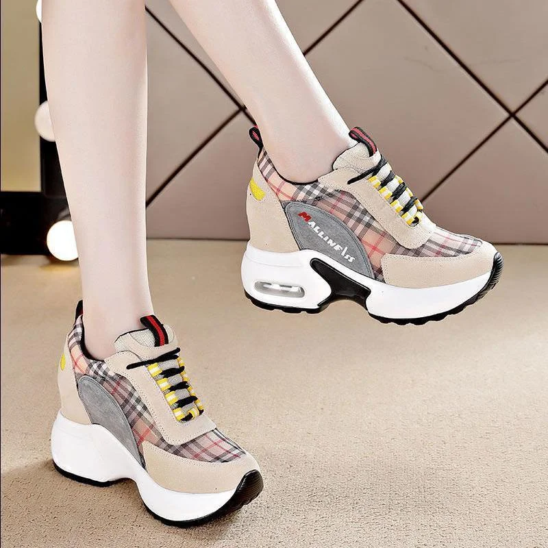 

Dad Shoes Women's Breathable Platform Elevator Wild Slimming Casual Sneakers Lace-up Plaid Thick Bottom Sneakers