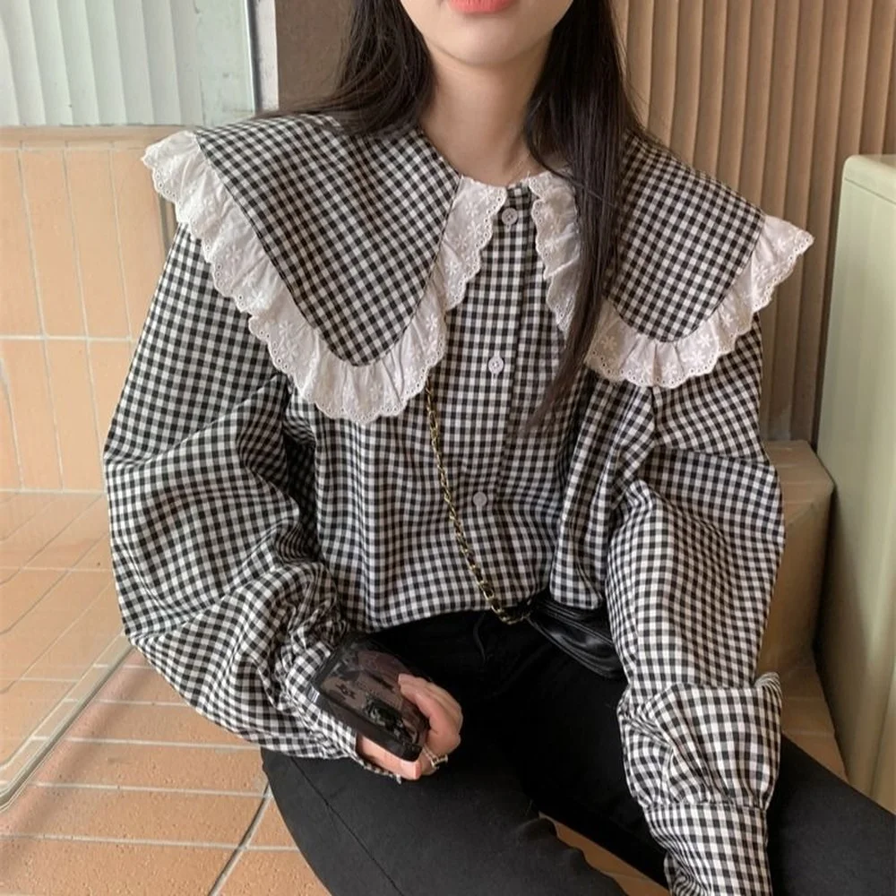 Ladies Tops Contrast Checked White Lace Doll Collar Shirt Women's Slim Long-sleeved Blouse Button Up Plaid Shirts Women
Ladies Tops Contrast Checked White Lace Doll Collar Shirt Women's Slim Long-sleeved Blouse Button Up Plaid Shirts Women