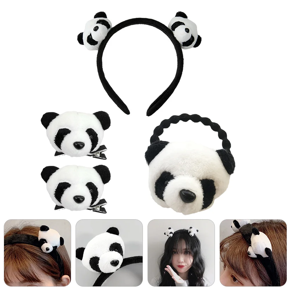 

4 PCS Panda Hair Accessories Set Decorative Hair Clips Attractive Scrunchies Charming Hair Rope Decor Plush Hairpin