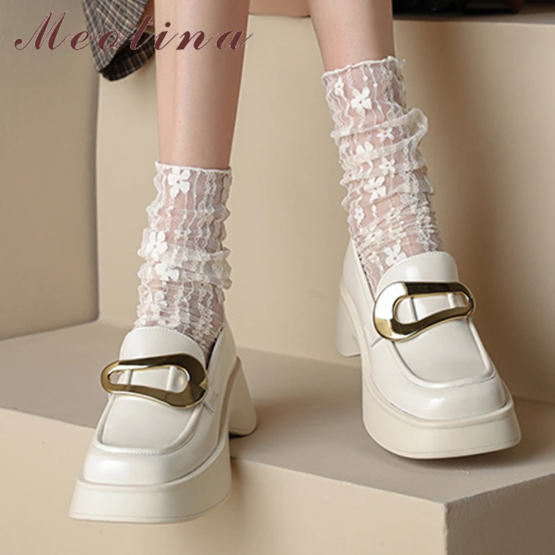 Meotina Women Square Toe Loafers Genuine Leather Thick Mid Heel Pumps Platform Metal Decoration Spring Autumn Shoes Beige 40 
Meotina Women Square Toe Loafers Genuine Leather Thick Mid Heel Pumps Platform Metal Decoration Spring Autumn Shoes Beige 40