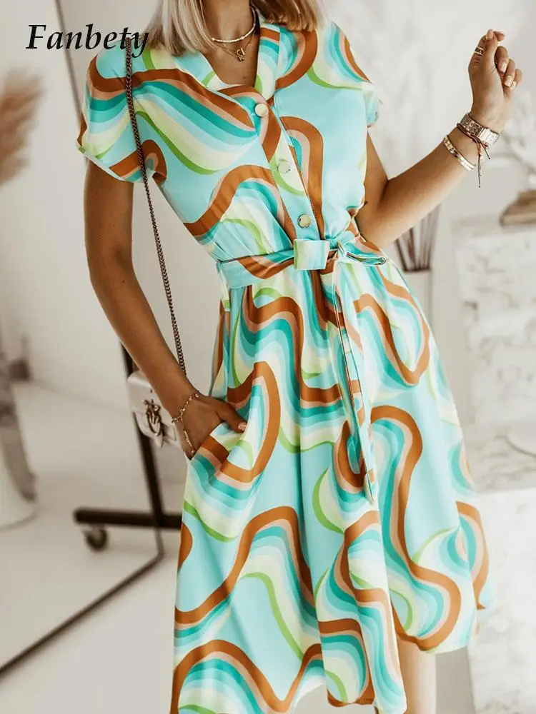 Summer Casual Short Sleeve Button Holiday Midi Dress New Women V-Neck Graphic Print Dress Fashion Female Elegant Belt Dress Robe
Summer Casual Short Sleeve Button Holiday Midi Dress New Women V-Neck Graphic Print Dress Fashion Female Elegant Belt Dress Robe