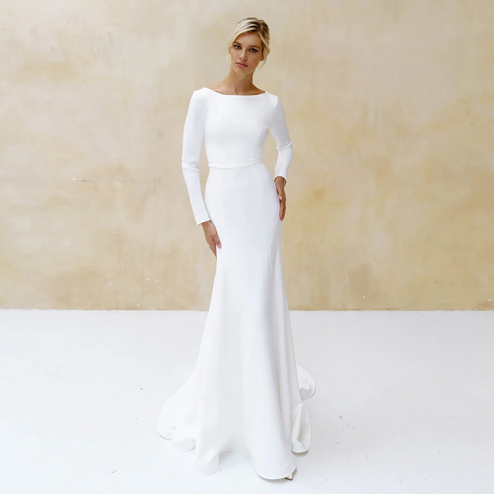 White Jersey Long Sleeves Mermaid Wedding Dress Zipper Back Scoop Neck Simple Bridal Gown Sweep Train Floor Length Robe Mariee
White Jersey Long Sleeves Mermaid Wedding Dress Zipper Back Scoop Neck Simple Bridal Gown Sweep Train Floor Length Robe Mariee