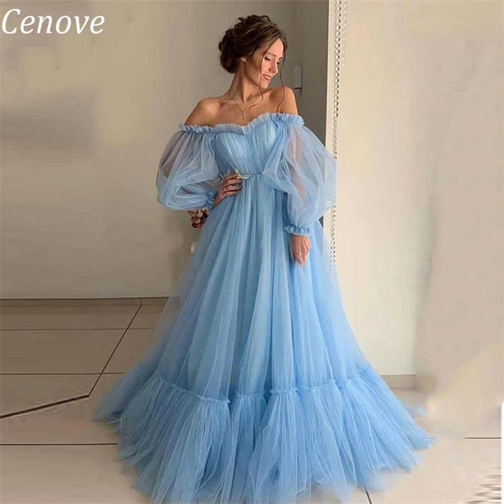 

Cenove Tea Length Long Bubble sleeve Evening Gown Prom Strapless Princess Blue Party Dresses for Women 2023