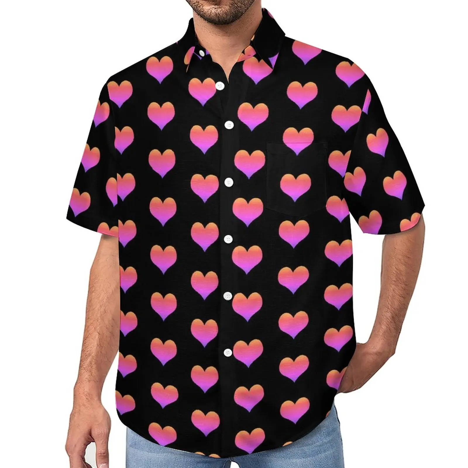 

Hearts Print Casual Shirt Valentine's Day Vacation Loose Shirt Hawaiian Streetwear Blouses Short-Sleeve Graphic Oversized Top