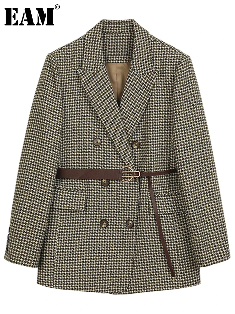 [EAM] свободное коричневое двубортное пальто в клетку большого размера шерстяное