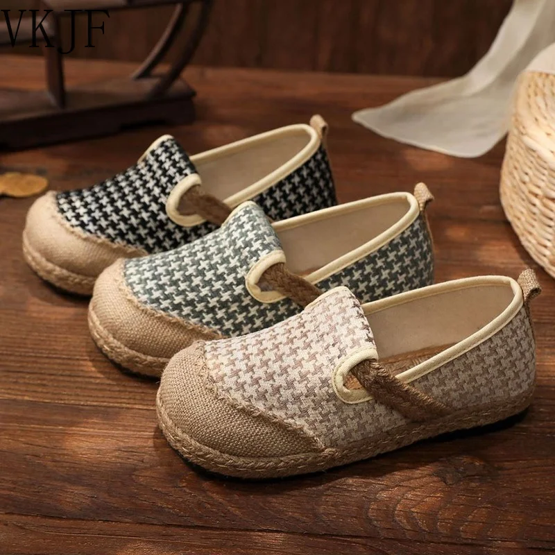 

2022 New Houndstooth Embroidery Women Handmade Linen Cotton Slip on Loafers Ladies Casual Comfortable Sneakers Flat Hemp Shoes