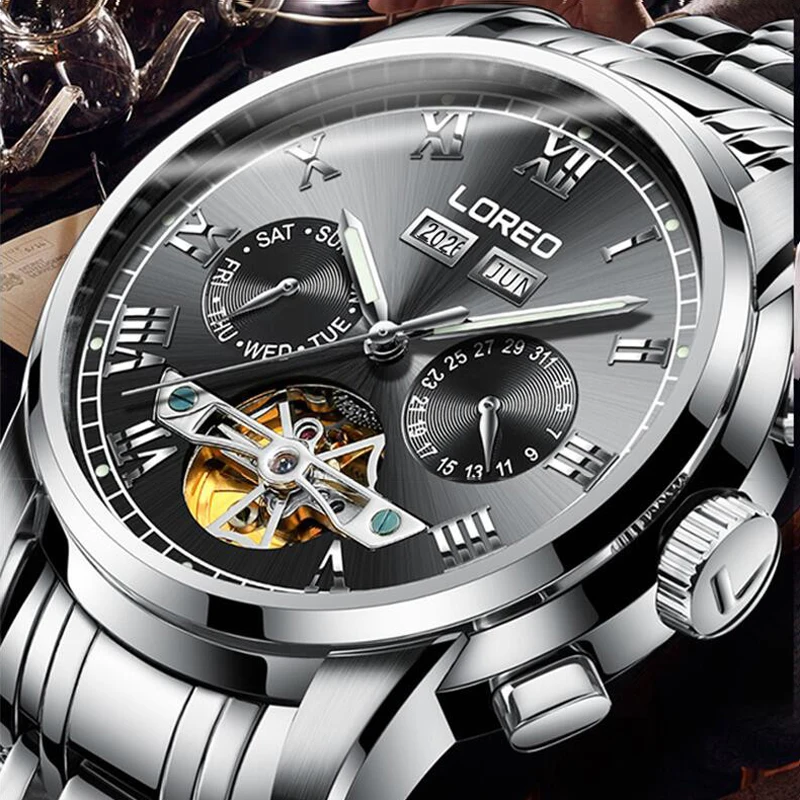 

LOREO Brand Swim Men's Tourbillon Mechanical Watches Perpetual Calendar Waterproof Sport Watch Men Watch Clock Saat Reloj Hombre