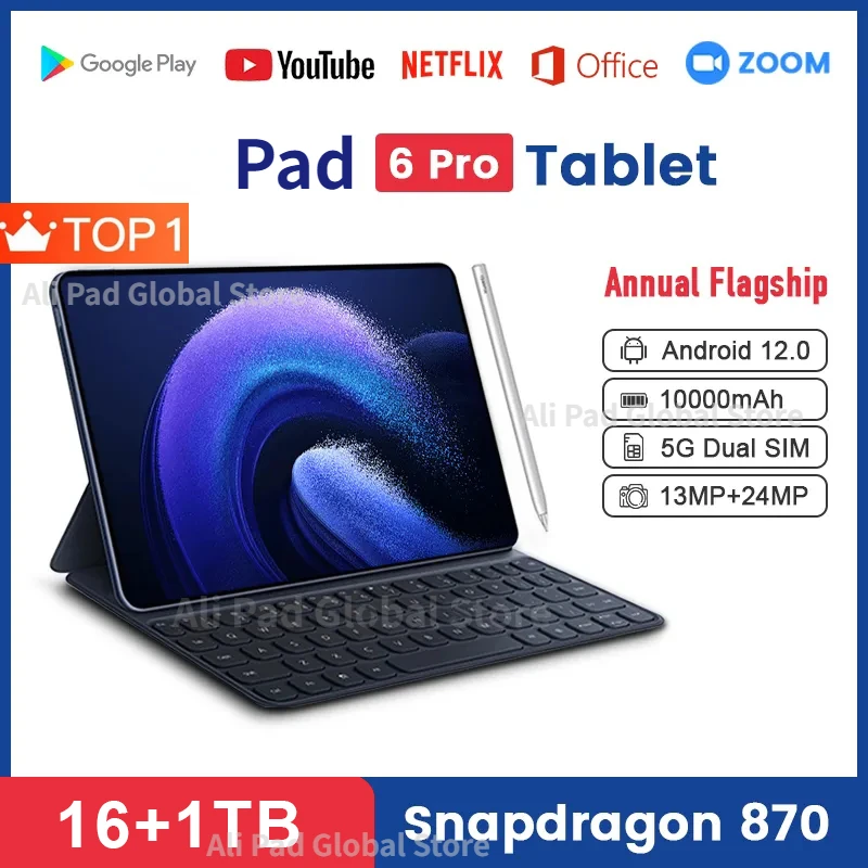 

Original 2024 Global Version Pad 6 Pro Tablet Android 16GB+1TB Snapdragon 870 Tablette PC 5G Dual SIM Card or WIFI HD 4K Mi Tab