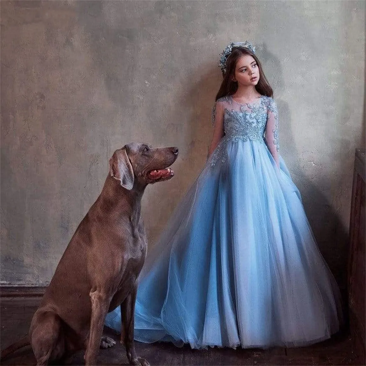 

Elegant Blue Long Sleeves Flower Girls Dresses For Wedding Princess Illusion Tulle Appliques Pageant First Communion Gowns