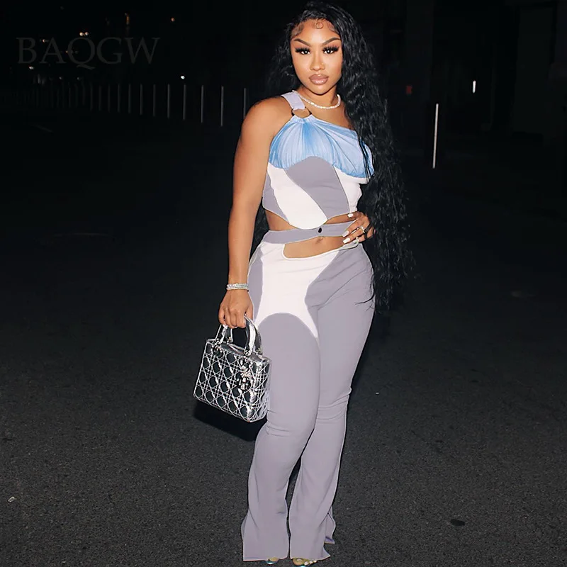 Fashion Color Block One Shoulder Cropped Tops Women Two Piece Tracksuits Sexy Cut Out High Waist Pants Suit Matching Outfits 
Fashion Color Block One Shoulder Cropped Tops Women Two Piece Tracksuits Sexy Cut Out High Waist Pants Suit Matching Outfits