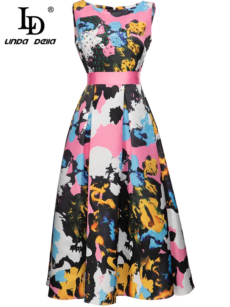 

LD LINDA DELLA дизайнерское летнее платье для женщин с круглым вырезом без рукавов с высокой талией и бисером винтажное вечерние платье миди