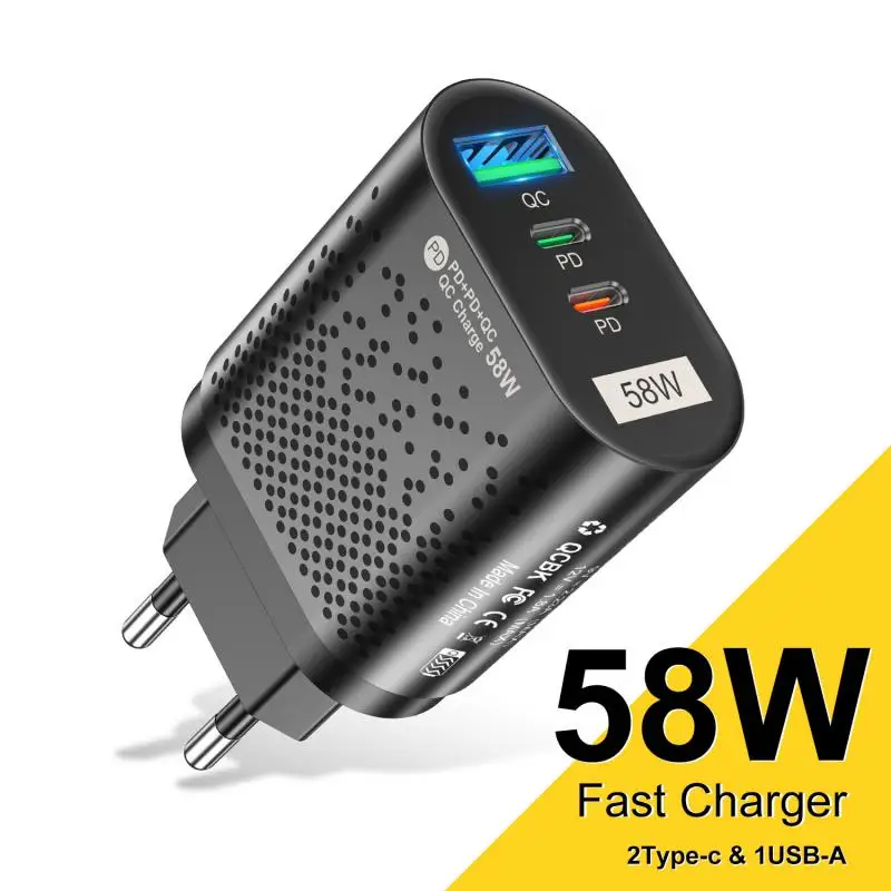

58W Fast Charge QC 3.0 3 Ports Type C PD 20W USB 18W Fast Charge Charging US/UK/EU Plug Fast Charge Phone Durable Charger Hot！