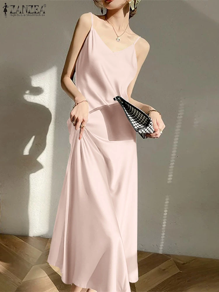 

Платье ZANZEA женское атласное однотонное на бретельках, пикантный модный длинный сарафан-трапеция без рукавов, с V-образным вырезом, лето 2022