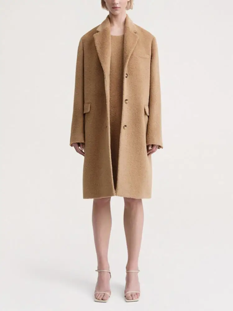 

Женское шерстяное длинное пальто-альпака, Классическая Базовая однобортная куртка средней длины с длинными рукавами, Осень-зима 2023