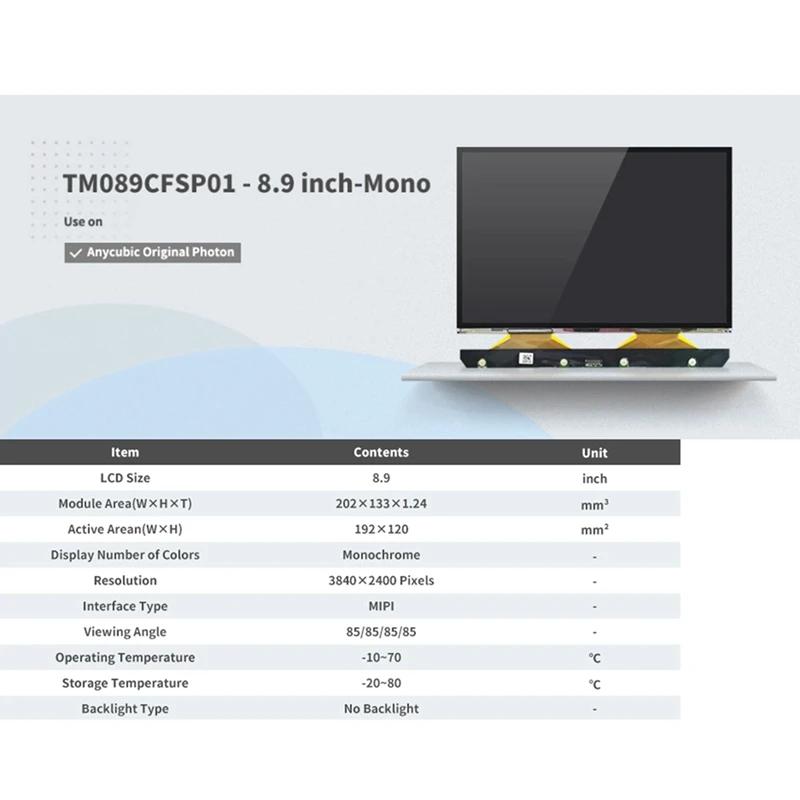 2X TM089CFSP01 8,9 дюйма 4K моно ЖК-экран с разрешением 3840X240 0 ЖК-экран для Anycubic Photon Mono X
2X TM089CFSP01 8,9 дюйма 4K моно ЖК-экран с разрешением 3840X240 0 ЖК-экран для Anycubic Photon Mono X